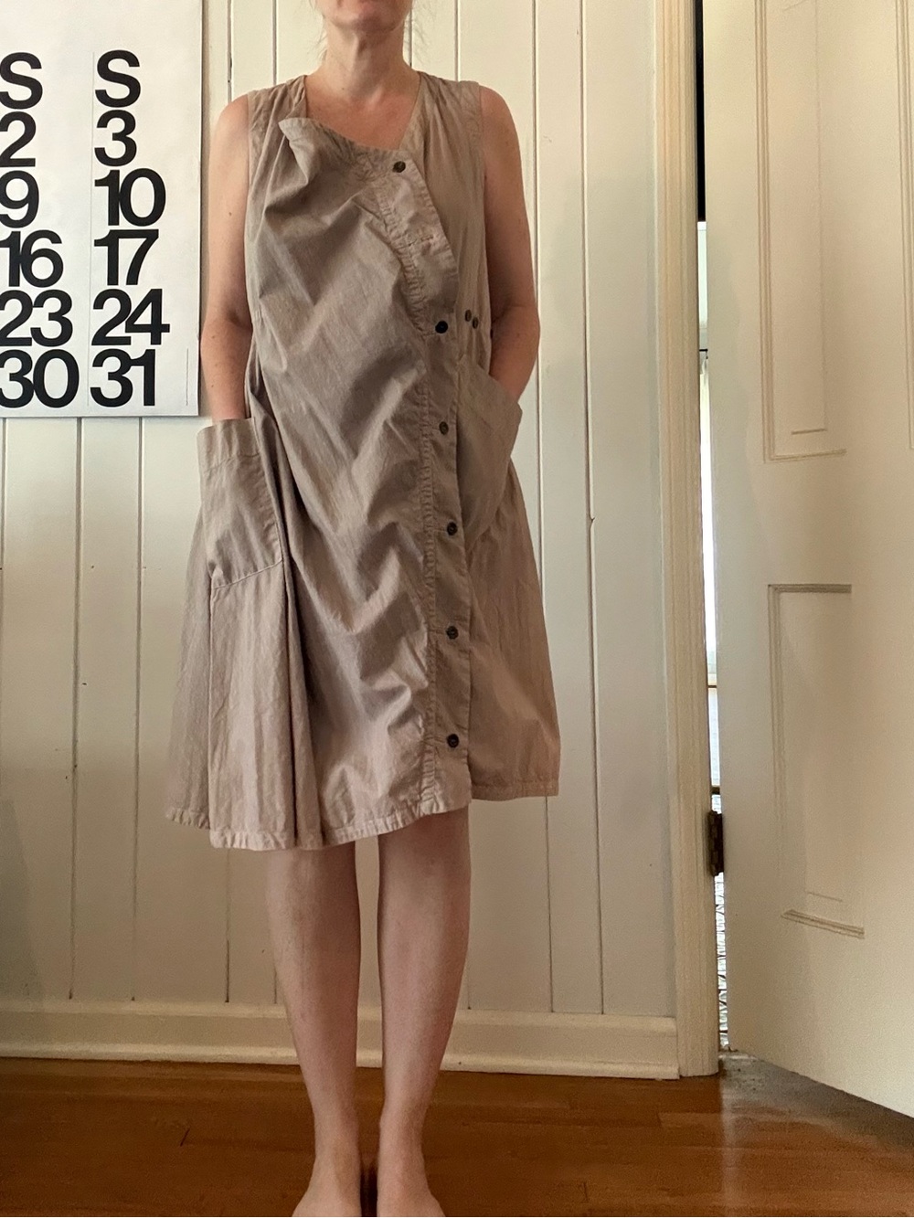 Sleeveless Button-Front Vest Dress in Taupe
